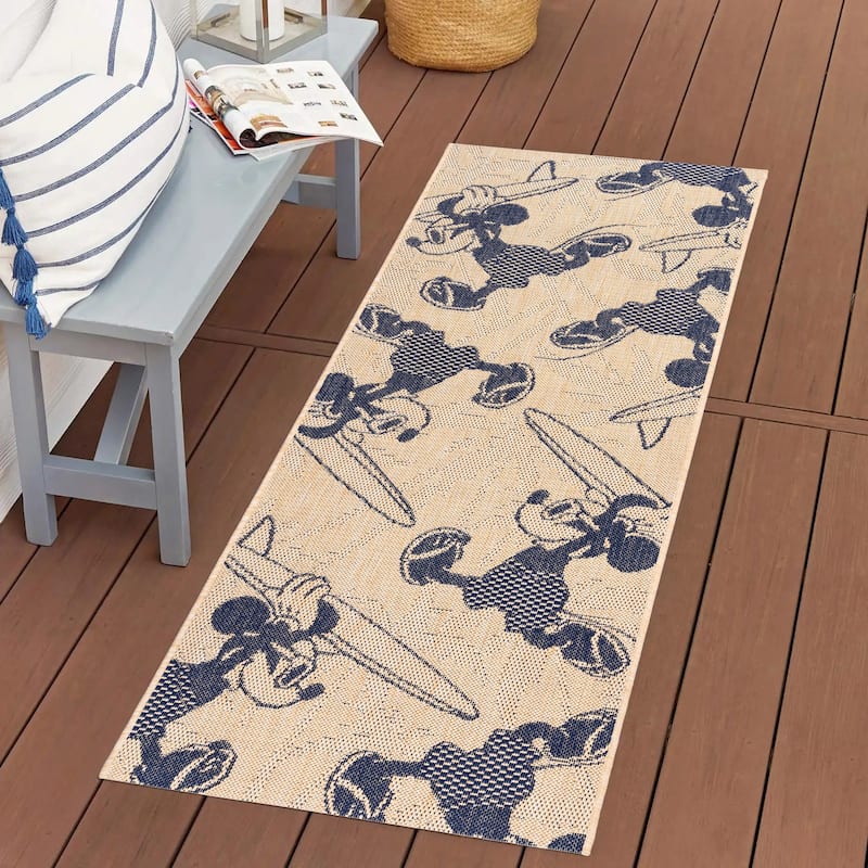 Disney Licensed Mickey Mouse Indoor Outdoor Flatweave Area Rug Tropical Surfing Polypropylene Coastal Accent Rug