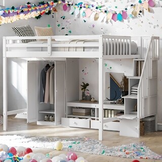 Multifunctional Loft Bed,Full Size Loft Bed with Wardrobe,Low Storage Table and Storage Staircase,White/Gray