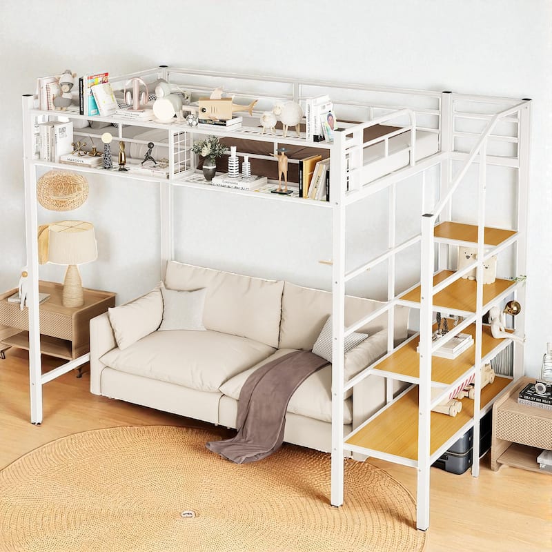 Twin Size Metal Loft Bed with Grid Storage Shelf and 4-Tier Lateral Ladder Shelves