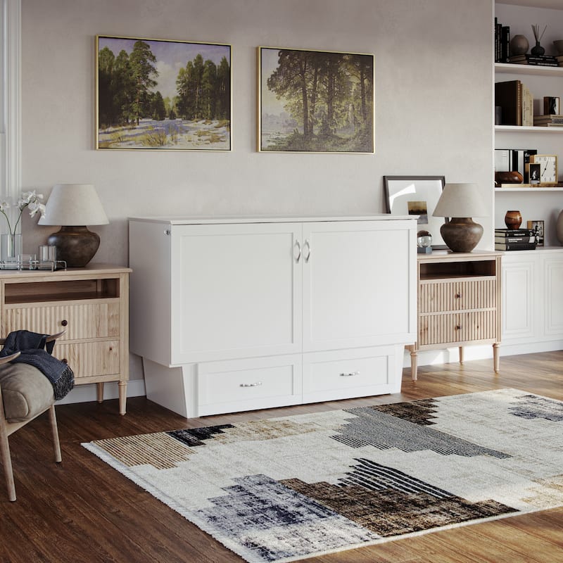 Chelsea Queen Murphy Bed Chest with 6" Mattress, Storage Drawer & Built-In Charger in White