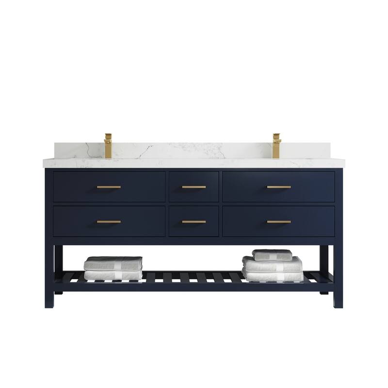 Willow Collections 72 in. W x 22 in. D Parker Double Sink Bathroom Vanity with Countertop - 2" Calacatta Nuvo - Navy Blue