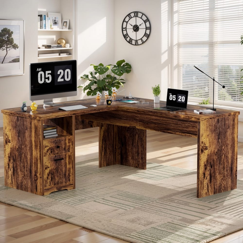 Modern Farmhouse Lift Top L-Shaped Desk with Charge Station, Corner Desk with File Drawers for Home Office