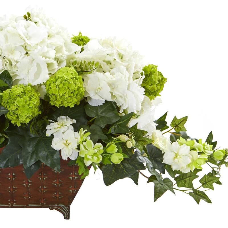 Artificial Flower Arrangement Silver Bowl, 14In Holiday Decor, Silk Blossoms Winter Whites & Greenery - White - 5