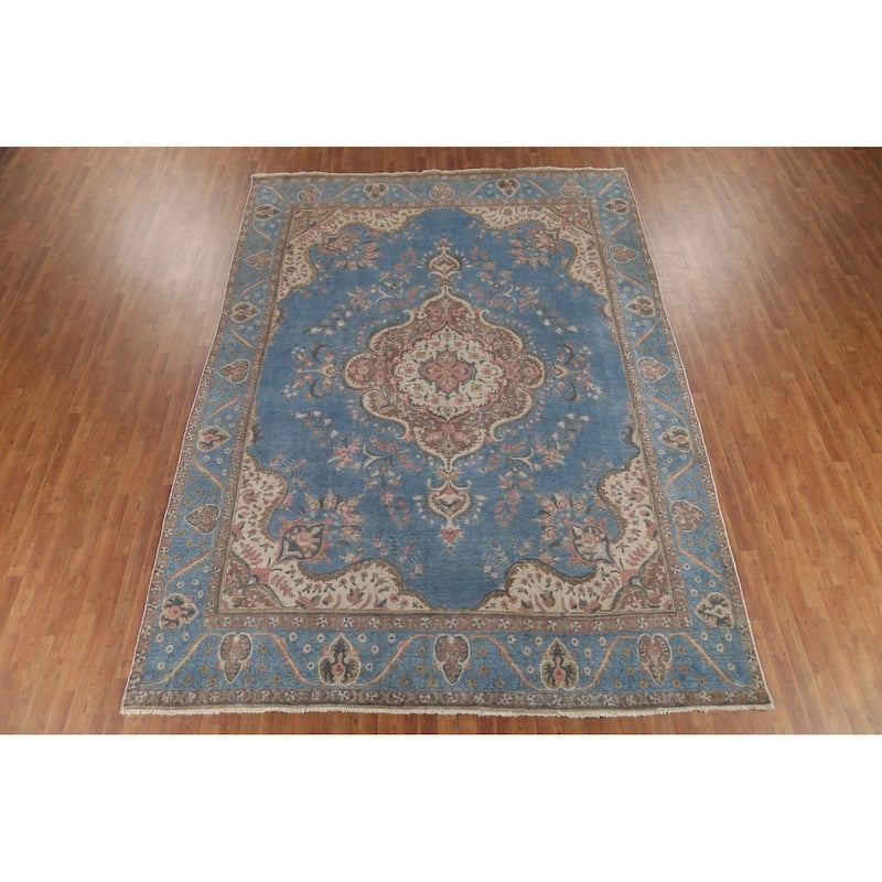Blue Floral Tabriz Persian Antique Area Rug Hand-Knotted Wool Carpet - 9'6"x 12'10"