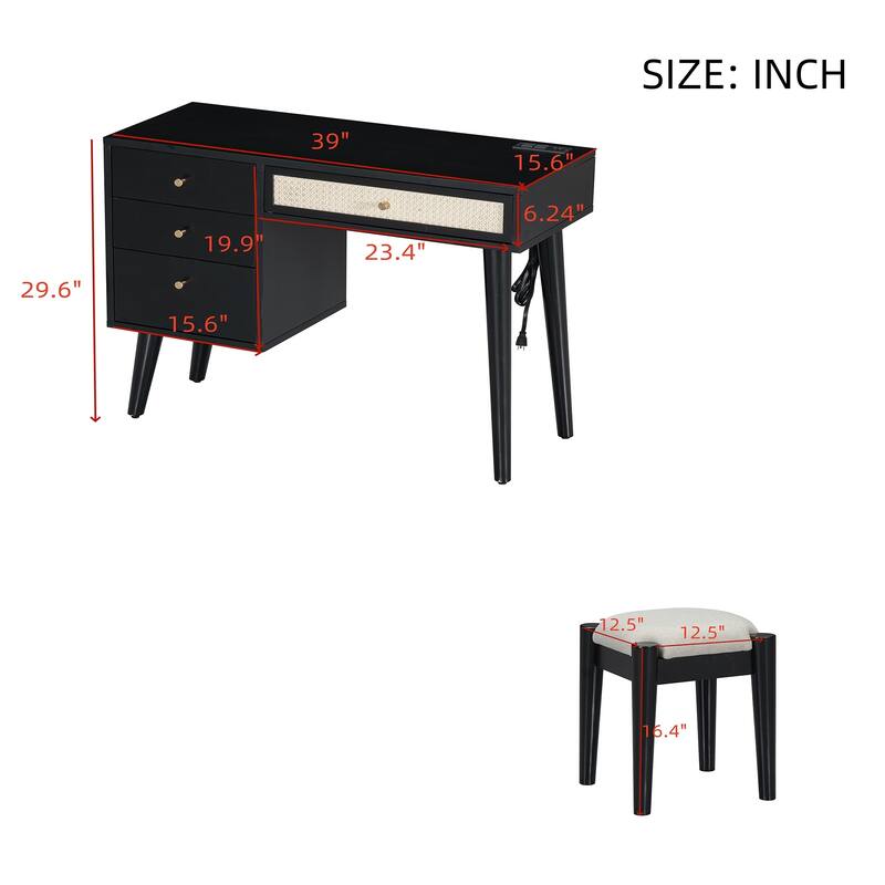 Vanity Set with Rattan Drawers, USB Ports & Stool