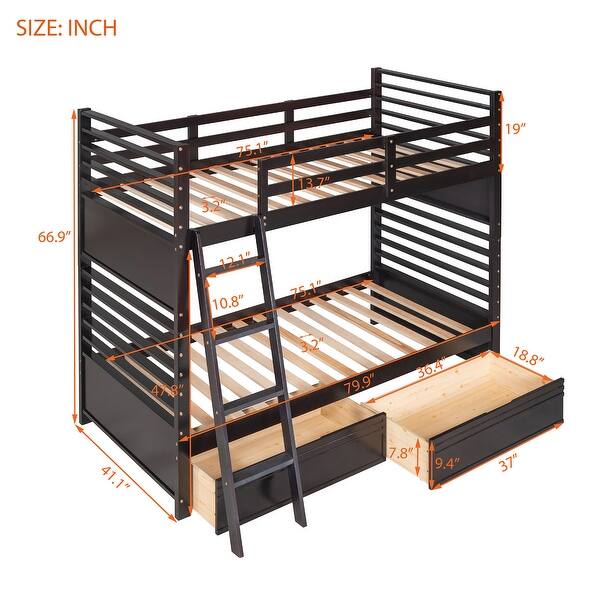 Elegant Twin over Twin Wood Bunk Bed with Built-in Ladder and 2 Drawers, Maximized Space, Solid Construction, Espresso