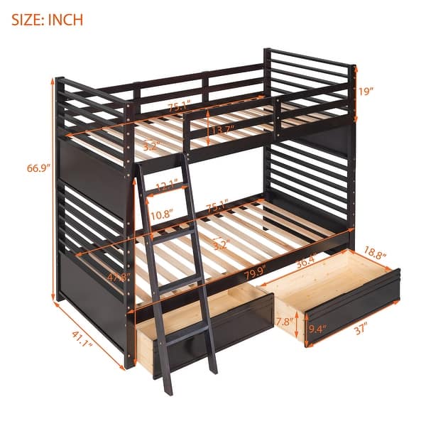 dimension image slide 1 of 3, Modern Design Wood Bunk Bed with Ladder and Drawers, Solid Construction, Beautiful & Elegant