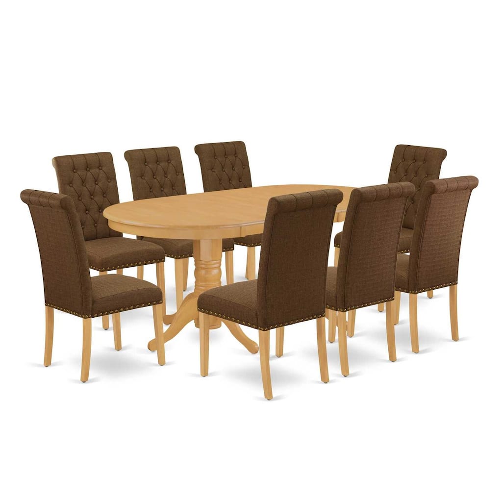 9Pc Dining Set - Oval Table with Butterfly Leaf & 8 Parson Chairs - Oak Finish, Dark Coffee Fabric - 76.3