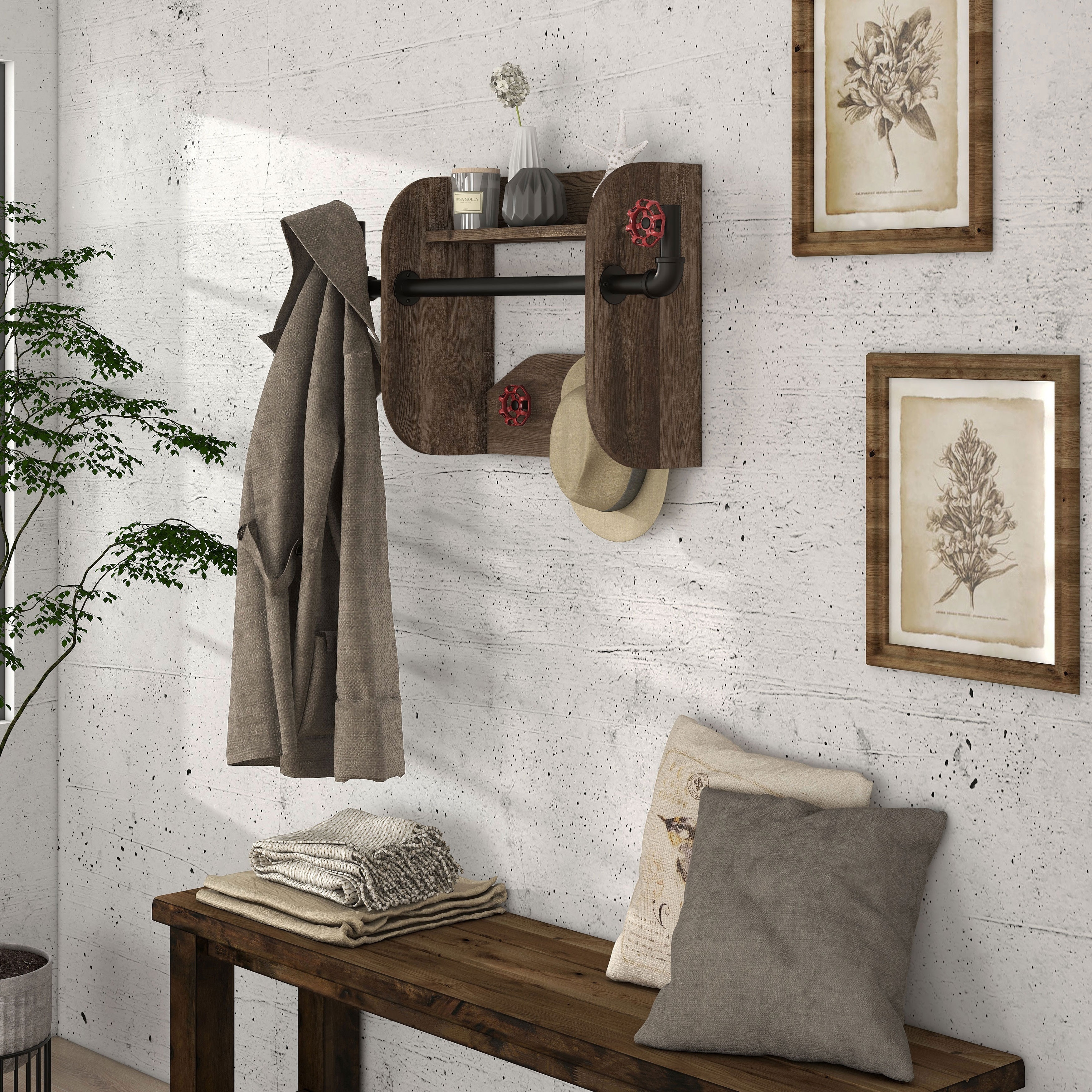 Danya B. Wall-Mounted Coat Rack with Shelf and 4 Metal Hooks, Grey Oak/White