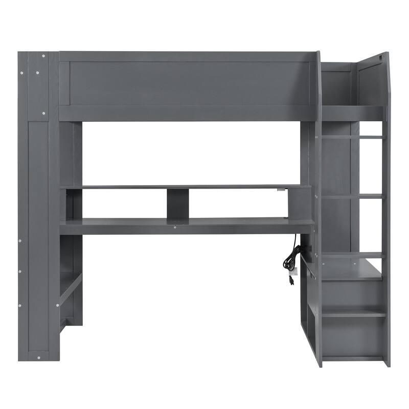 Wood Twin Size Gaming Loft Bed with Desk, Multi-storage Shelves, LED and Charging Station, Dark Gray