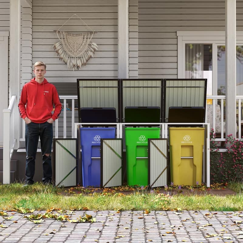 120 Cu. Ft. Outdoor 3-Trash-Can Storage Shed, Pneumatic Support Rod Storage - N/A - Dark Gray