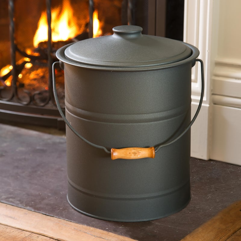 Deluxe Galvanized Ash Bucket with Handle, Lid and Double-Layer Bottom - Black