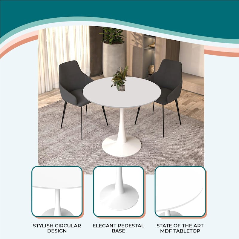 Bristol 35" Round Dining Table with Modern Glass, MDF or Sintered Stone - Sturdy Steel Pedestal Base for Kitchen, Dining, Cafe