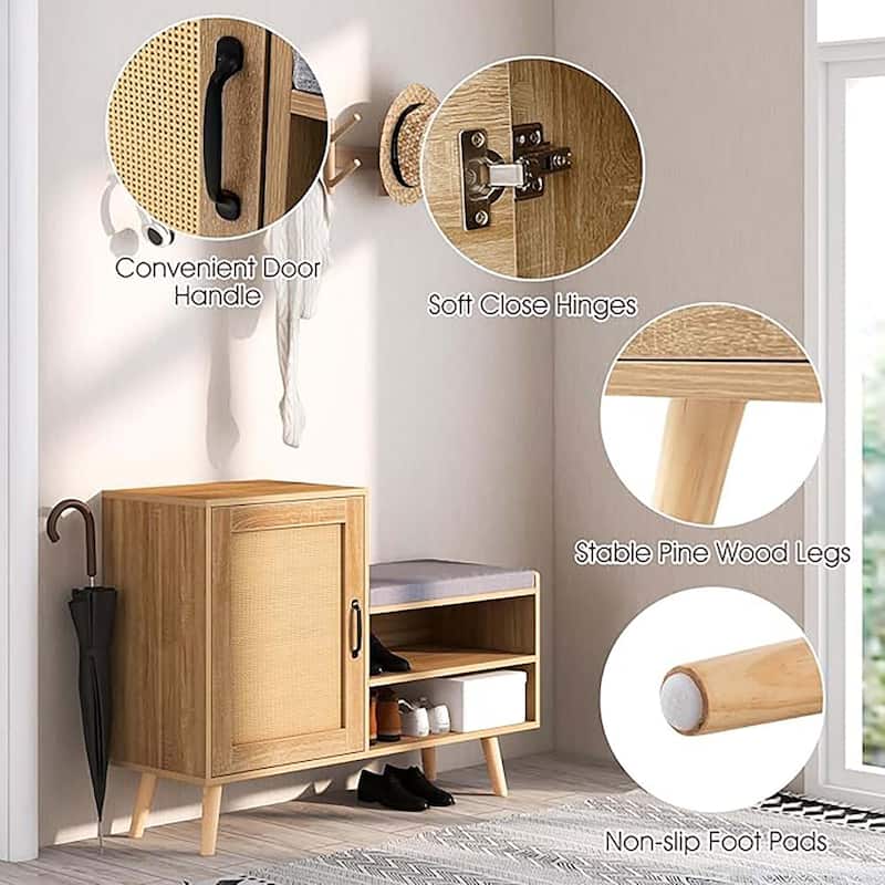 2-in-1 Rattan Shoe Cabinet w/ Bench 3 Adjustable Shelves & Wood Legs