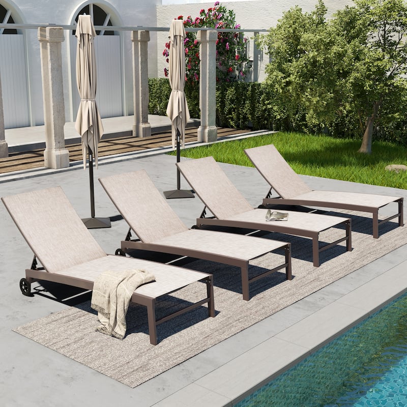 Outdoor Aluminum Adjustable Patio Chaise Lounge Chair Recliner with Wheels - Beige-4PC
