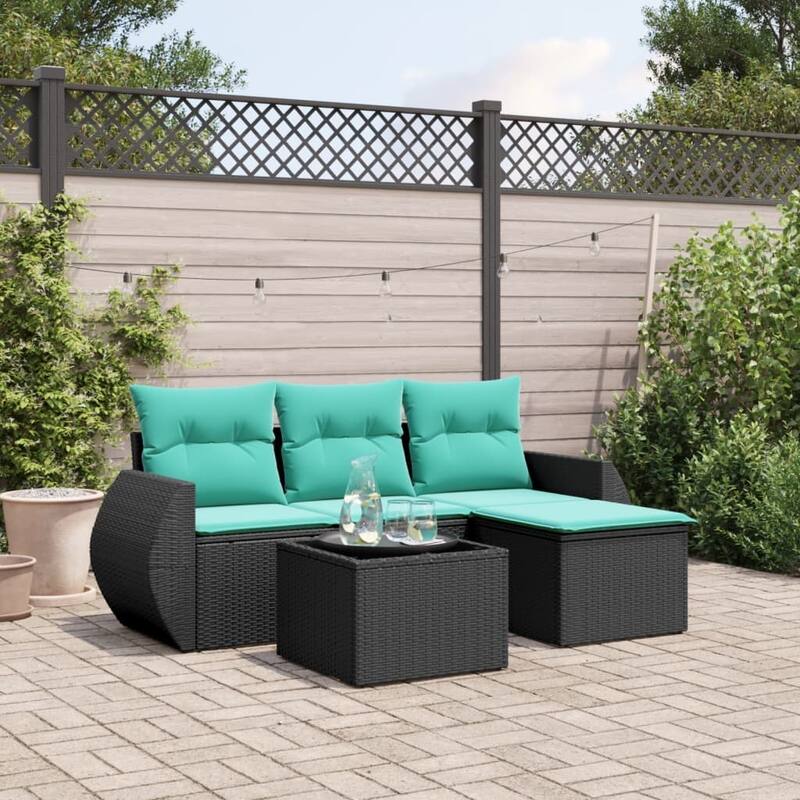 vidaXL 5 Piece Patio Sofa Set with Cushions Black Poly Rattan - 28 x 24.4 x 27.2