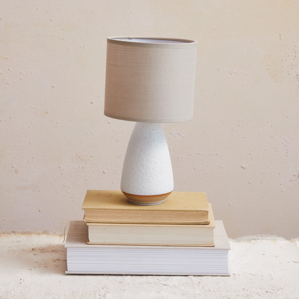 Stoneware Table Lamp with Linen Shade and Speckled Finish - 5.9"L x 5.9"W x 10.8"H