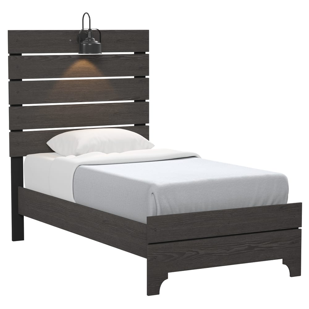 Farmhouse Queen Platform Bed in Stone Brown with Built-In LED Lighting and High Headboard, Easy Assembly