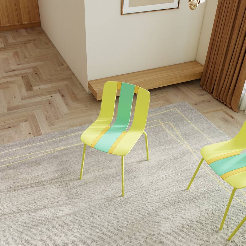 4-Pack Modern Striped Color Block Chairs - Indoor/Outdoor PP Plastic Seat & Sturdy Metal Legs