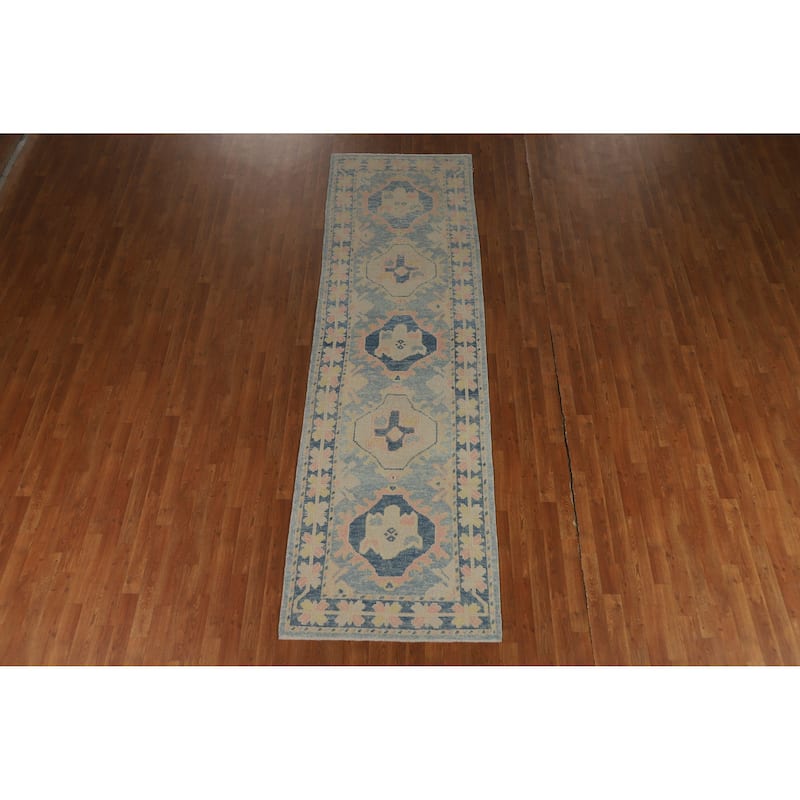 Hand Knotted Oriental 100% Wool Carpet Transitional Geometric Navy Blue & Blues Oushak Runner Rug - 11' 4'' X 3' 5''