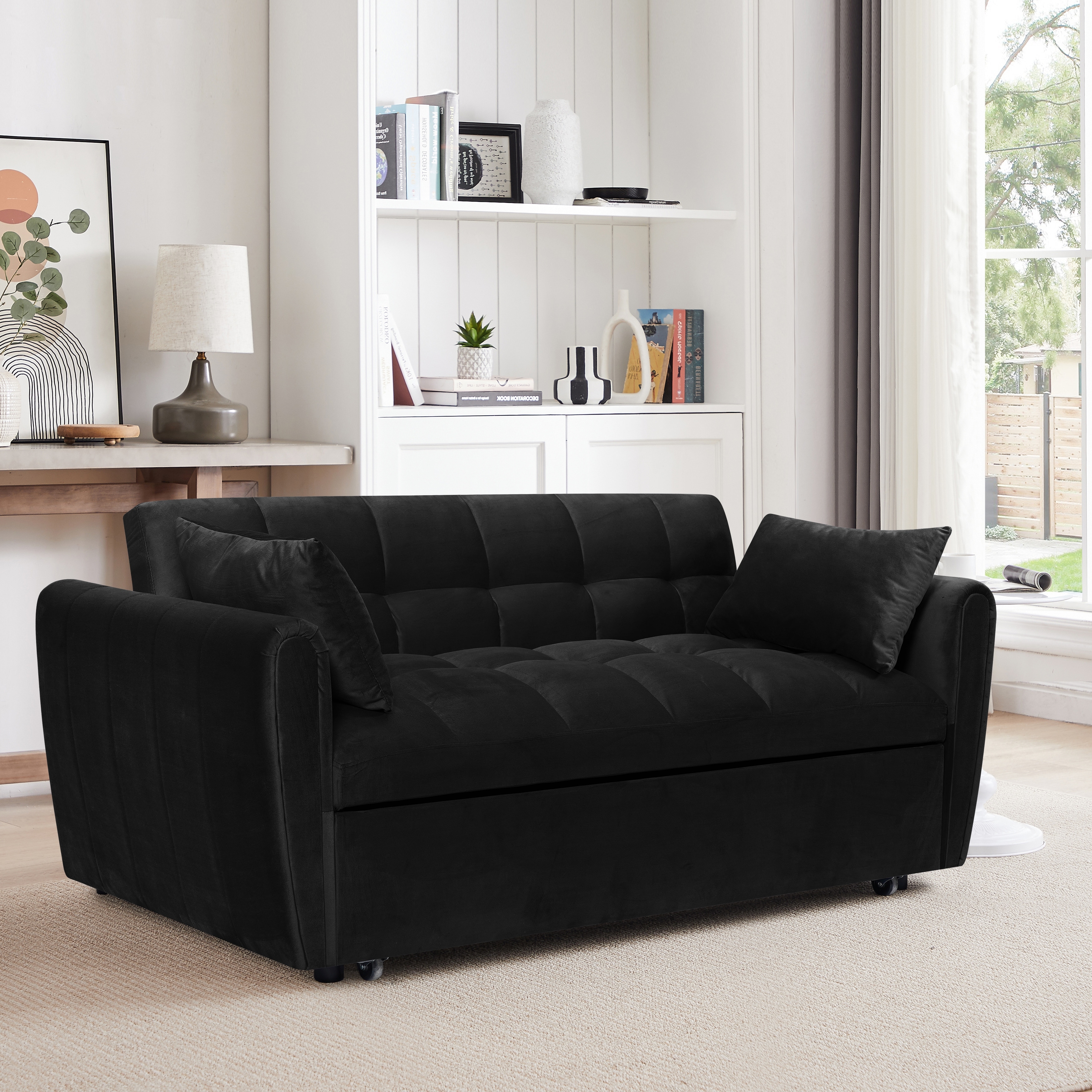 65" 3-in-1 Foldable Sofa Bed: Modern Velvet Double with Adjustable Back & Pillows for Living Room & Bedroom‌.