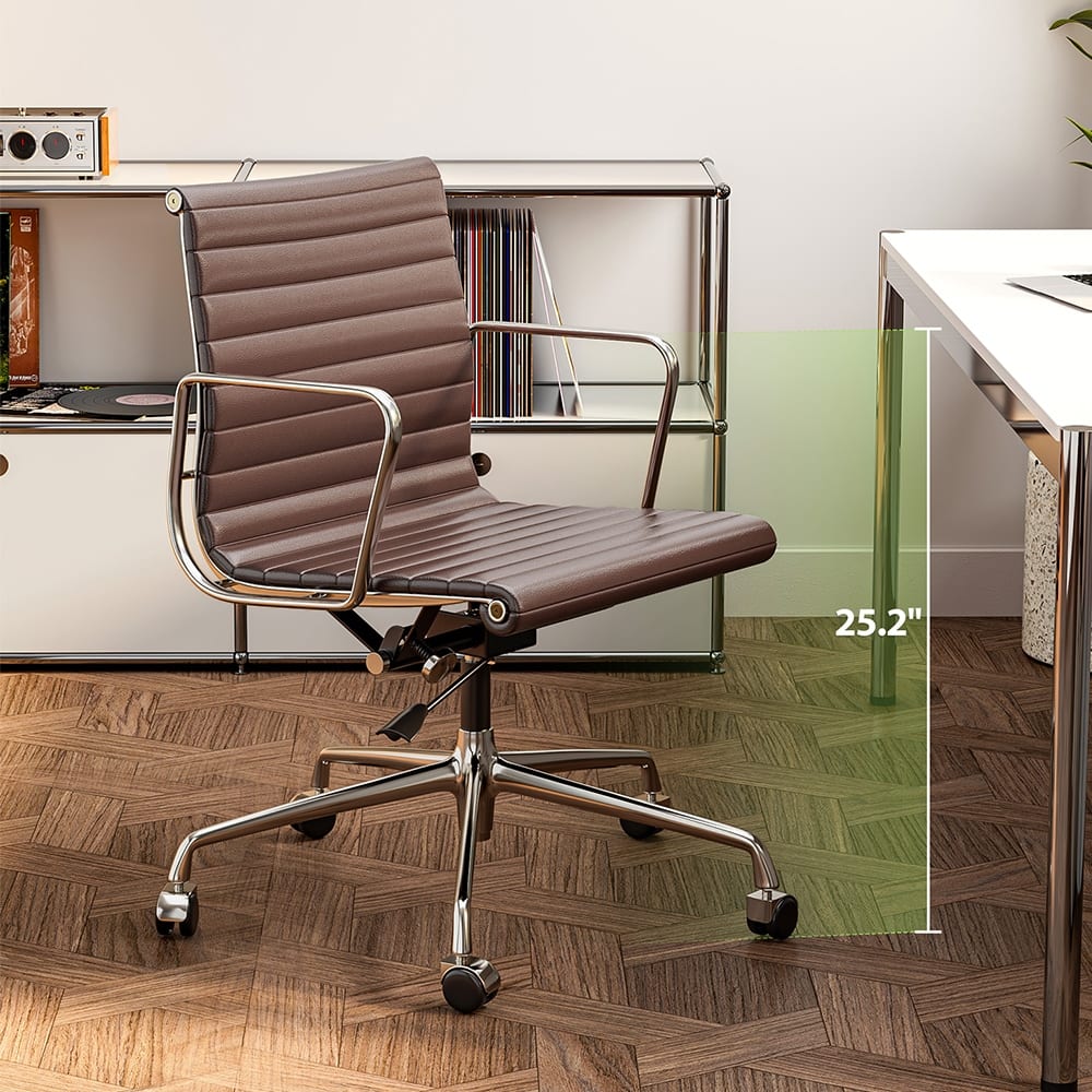 Mid Back Genuine Leather Ergonomic Computer Ribbed Office Chair