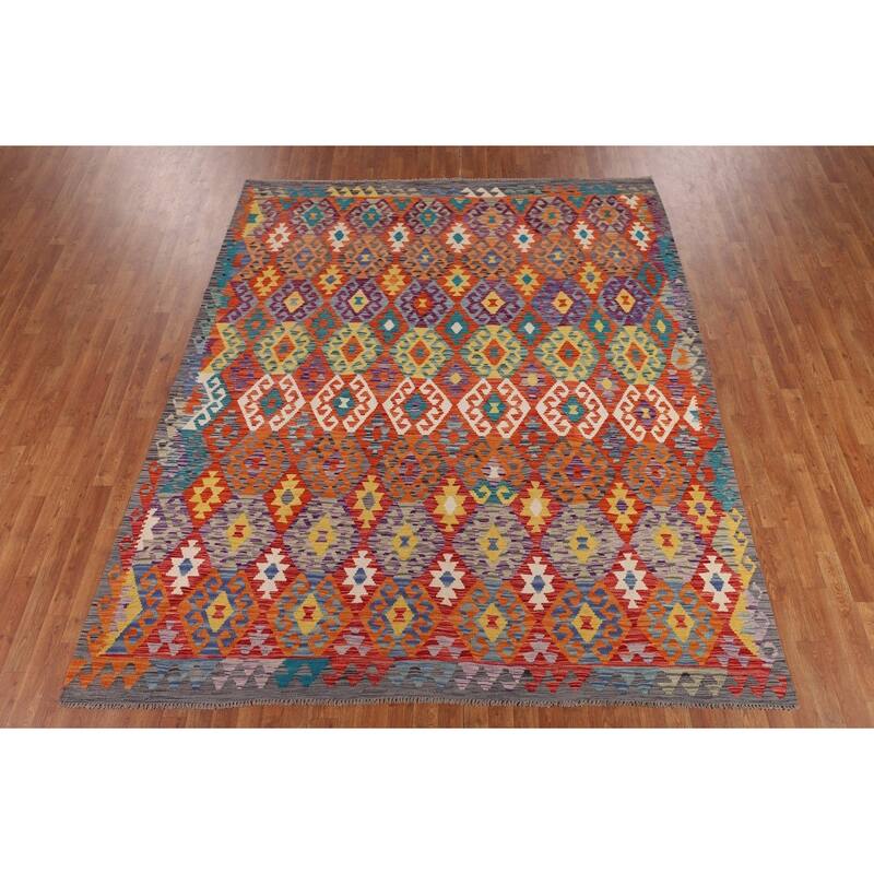 Reversible Orange Kilim Area Rug Flatweave Oriental Wool Carpet - 7'11" x 9'7"