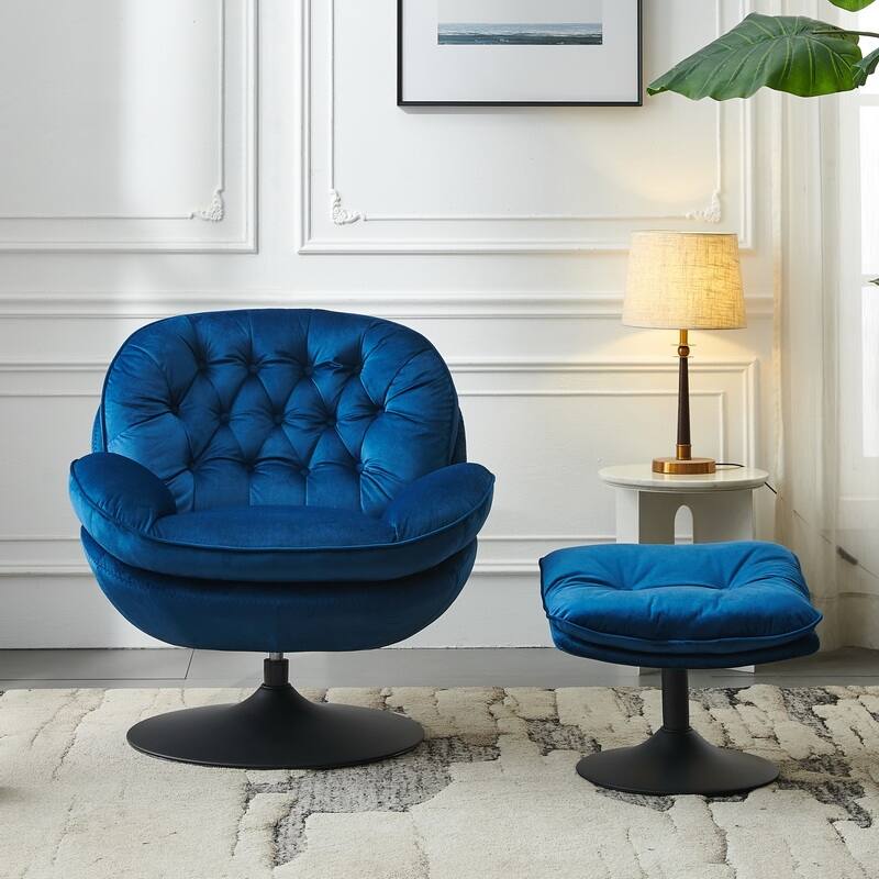 Swivel Leisure Chair Velvet Upholstered Lounge Chair Comfortable Deep Buttons Backrests Chair with Ottoman