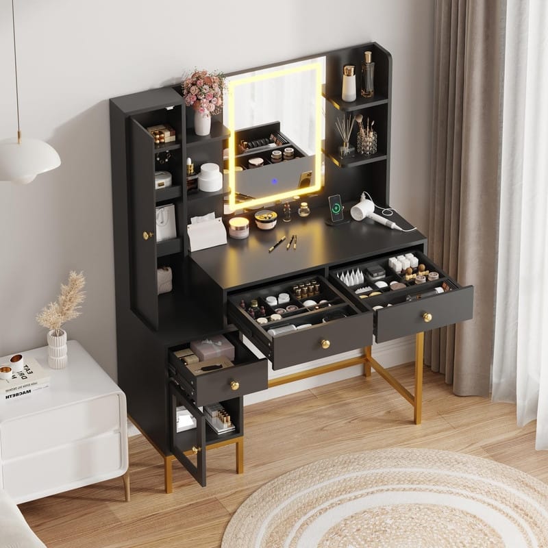 Vanity Desk with LED Mirror, Charging Station, Drawers, Shelves, Jewelry Cabinet