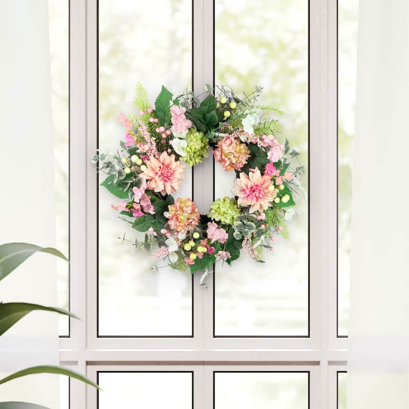 Hydrangea and Dahlia Floral Artificial Twig Spring Wreath - 26" - Pink and Green