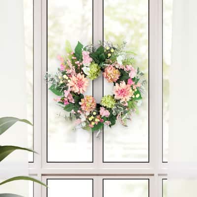 Hydrangea and Dahlia Floral Artificial Twig Spring Wreath - 26" - Pink and Green