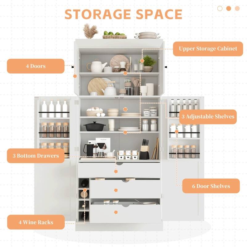 Freestanding 77"Tall Kitchen Pantry with Adjustable Shelves,Door Shelves, Drawers and Wine Racks