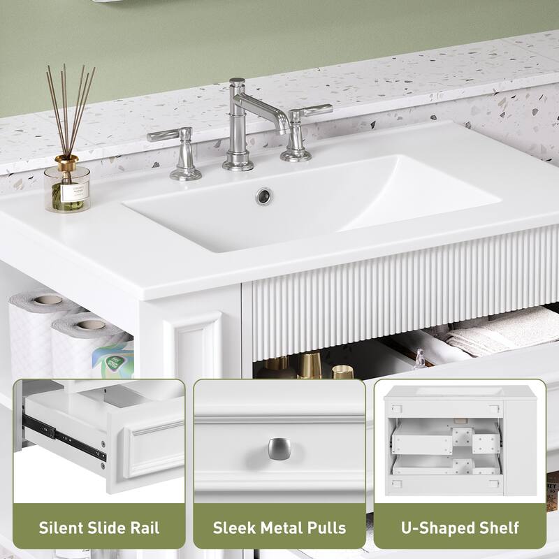 30 Inch Wall Mounted Bathroom Vanity with 2 Drawers and Ceramic Sink