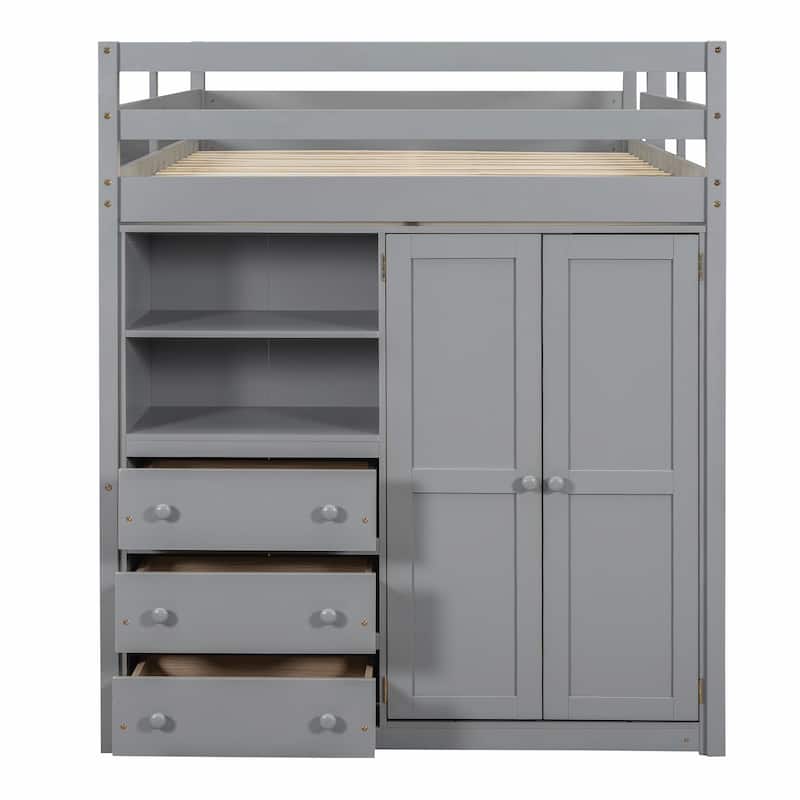 Full Size Loft Bed with Wardrobe, Desk, Storage Shelves, and Drawers