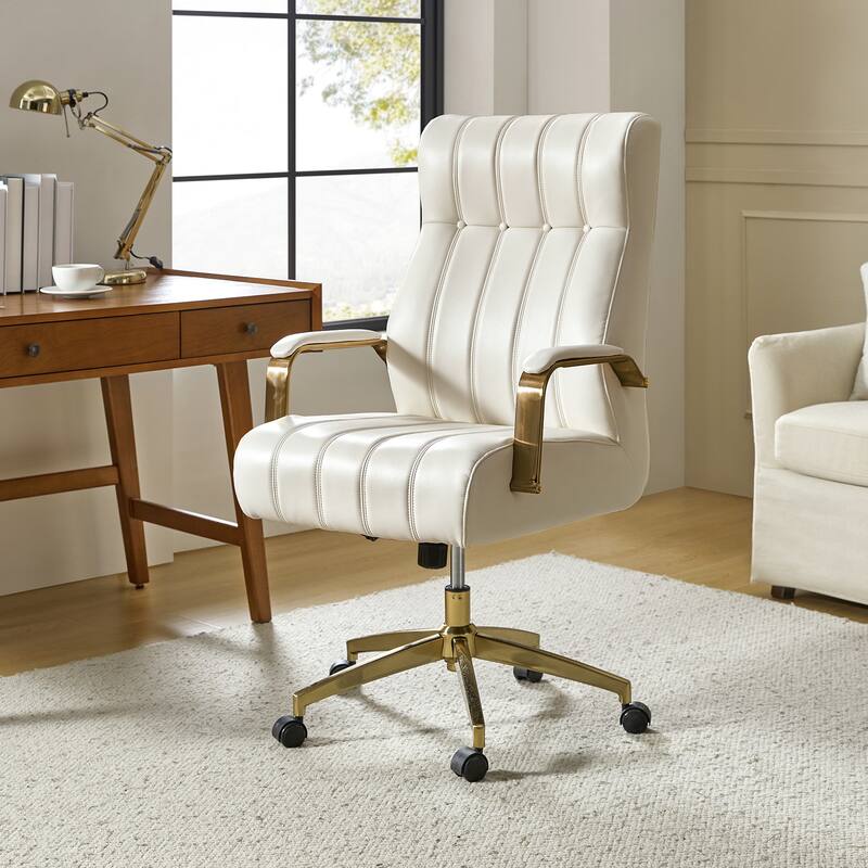 Curtiz Mid-Century Modern Vegan Leather Swivel Tilting Office Chair with Channel Tufted and Metal Feet by HULALA HOME