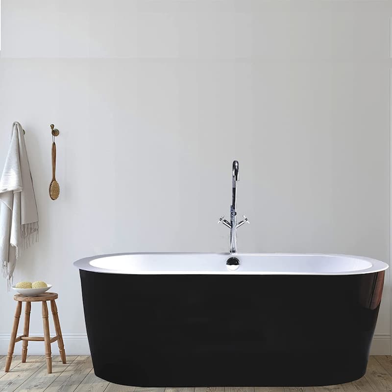Vanity Art 67.7" Freestanding Black Acrylic Bathtub Stand Alone Soaking Tub with Polished Chrome Round Overflow & Pop-up Drain