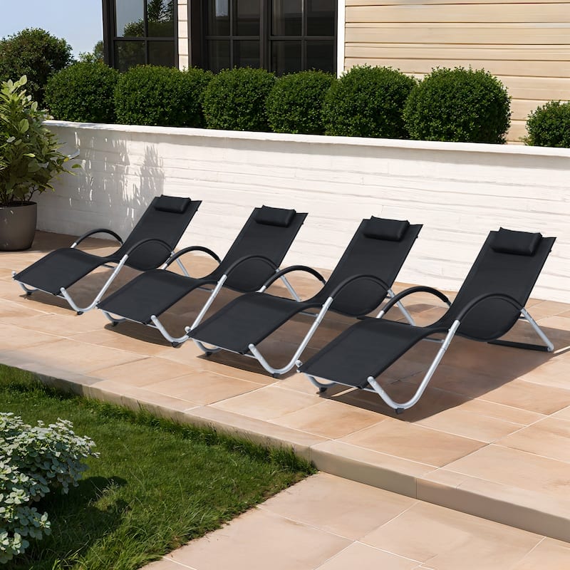 Outdoor Patio Lounger Chaise Lounges Curved Sunbathing Pool Recliner Chair - Black, 4-piece