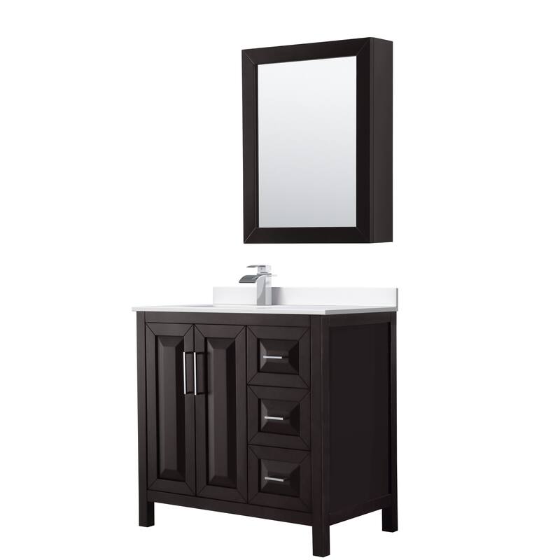 Daria 36-inch Single Vanity, Cultured Marble Top, Med Cabinet - Dark Espresso, Chrome Trim,White Cult. Marble Top