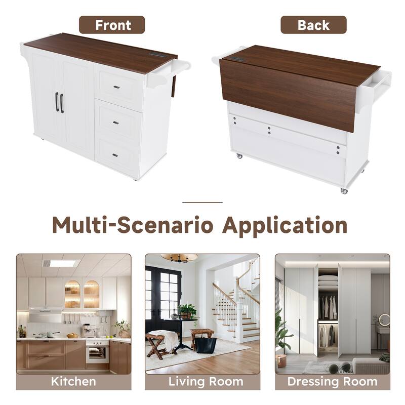 Kitchen Island Cart with Foldable Tabletop & Drop Leaf - Mobile Breakfast Bar on Wheels with Wood Top and Storage