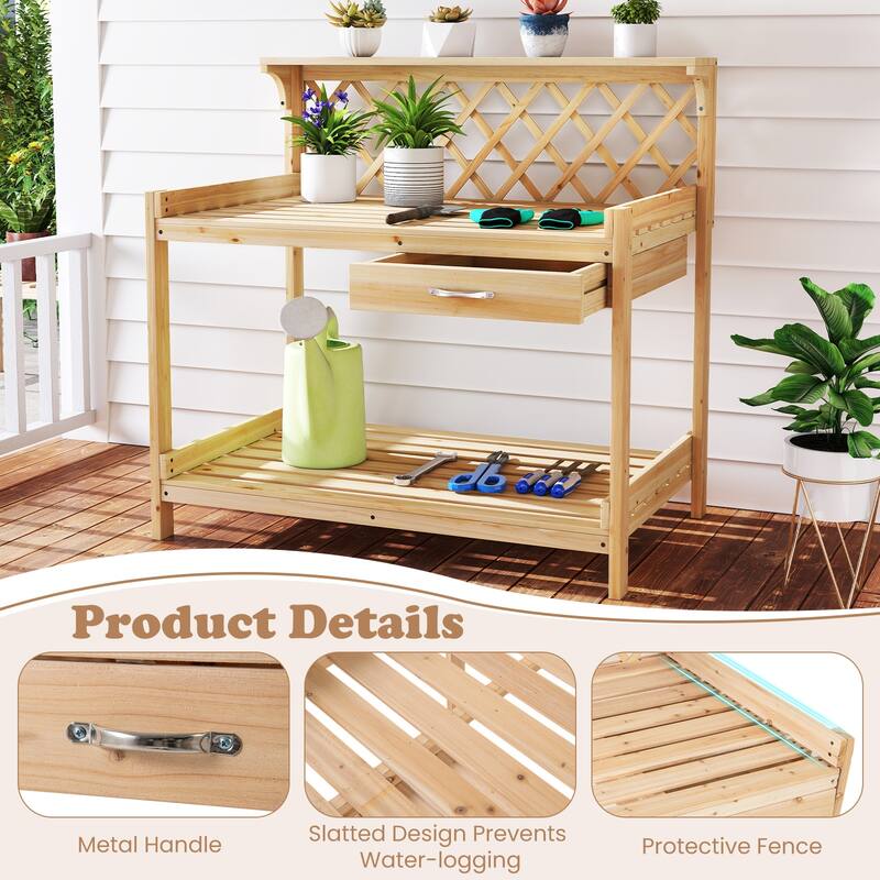 Gymax Garden Potting Bench Table w/Lattice Trellis Removable Drawer