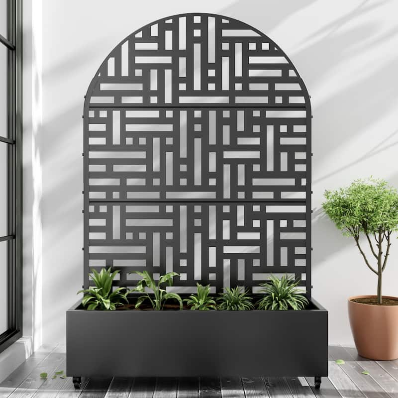 Metal Movable Planter Box with Trellis Privacy Screen Planter Box with Lockable Wheels - Black3