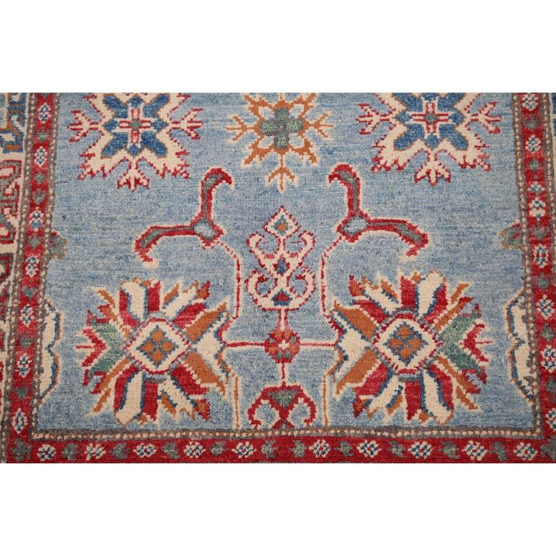 Light Blue Geometric Kazak Accent Rug Hand-Knotted Wool Carpet - 2'11" x 4'11"