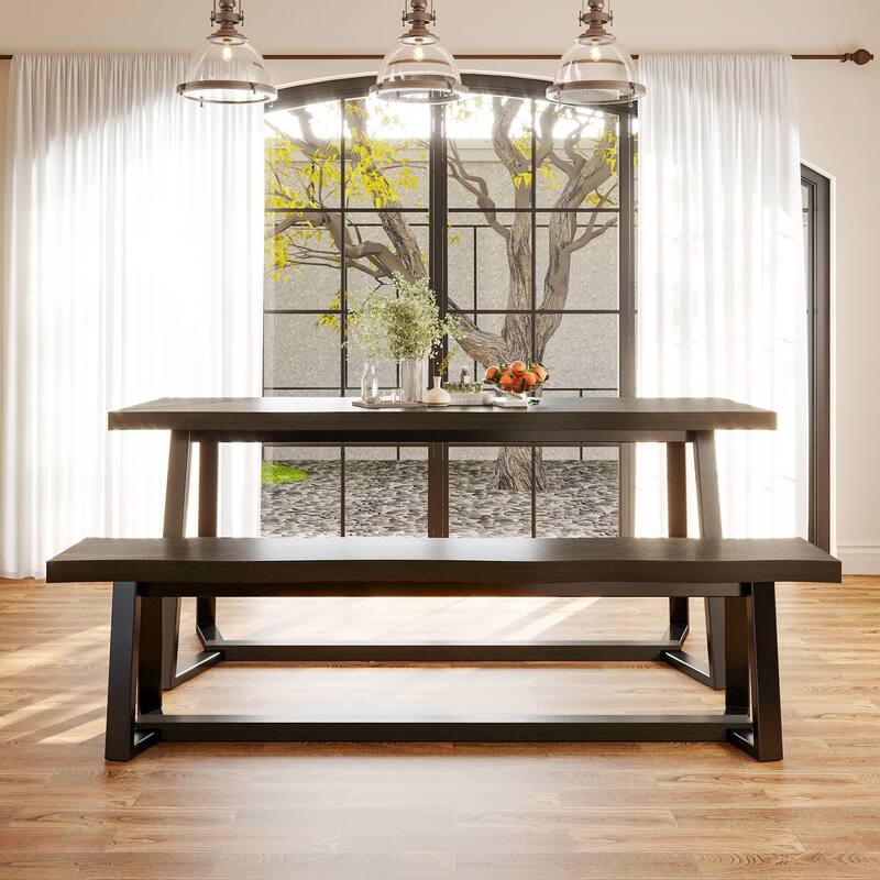 Rustic Elm Wood Dining Table Set with Black Bench – Modern Farmhouse Kitchen Table