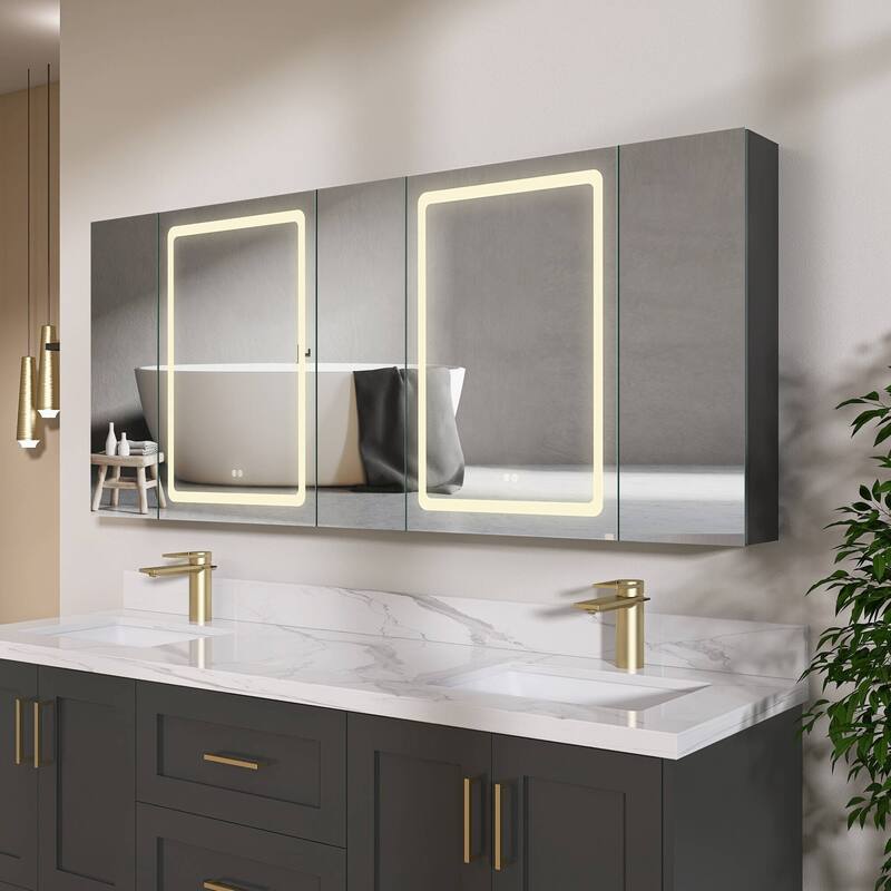 ZEAFIVE LED Black Bathroom Medicine Cabinet Surface Mount Defog Medicine Cabinet 3 Lights Dimmable