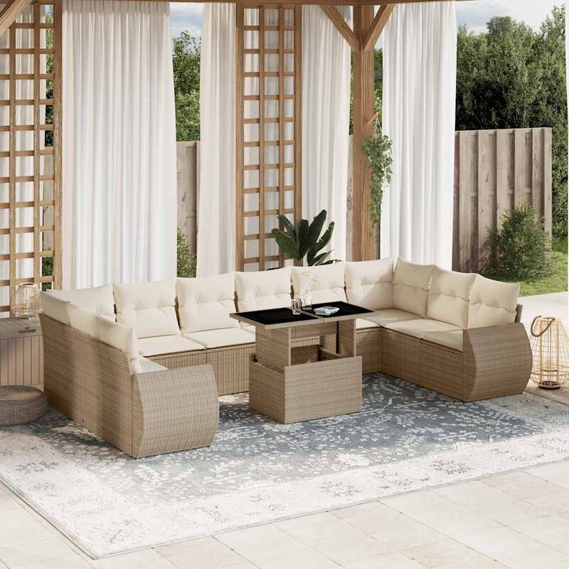 vidaXL Patio Sofa Set with Cushions Outdoor Furniture 11 Piece Poly Rattan - 21.7 x 39.4 x 28.7 - Beige and Cream