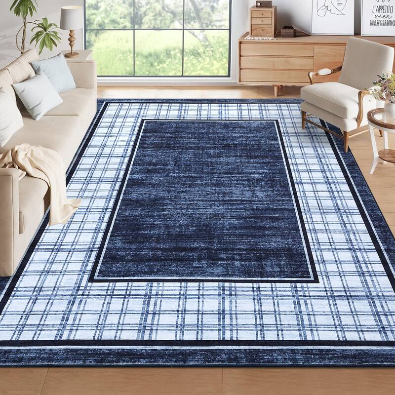 Modern Bordered Rug Farmhouse Plaid Area Rugs for Living Room Bedroom, Indoor Accent Carpet Home Decor - 9'x12' - Blue