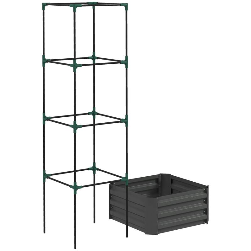 Outsunny Galvanized Raised Garden Bed, 24" x 24" x 11.75" Outdoor Planter Box with Trellis Tomato Cage and Open Bottom