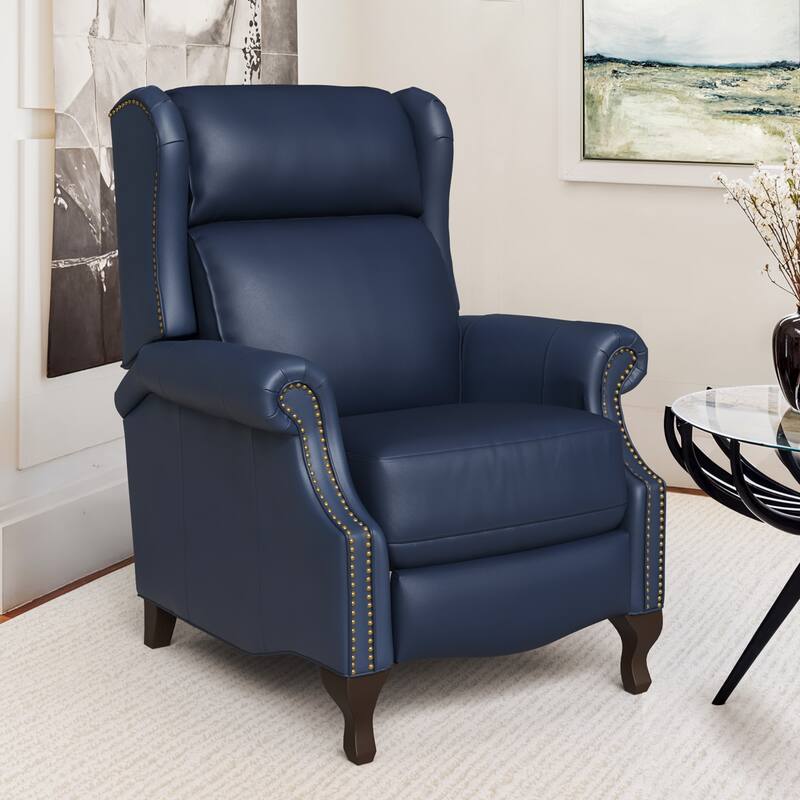 29.5-Inch Modern Recliner Chair,Genuine Leather Recliner With Comfortable Arms And Single Chair For Living Room,Beige/Blue/Brown - Navy