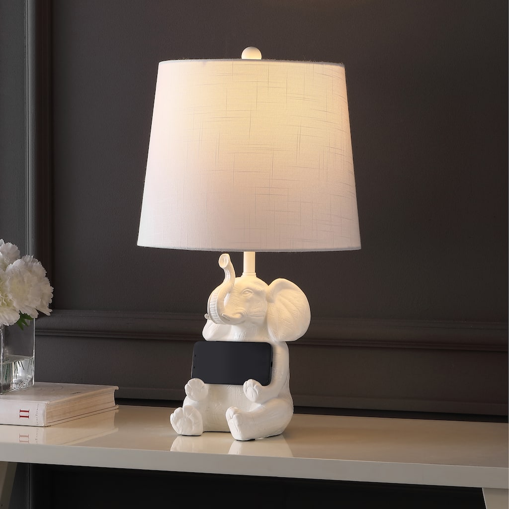 Laken 21" Modern Shabby Chic Resin/Iron Happy Elephant LED Kids' Table Lamp with Phone Stand, by JONATHAN Y