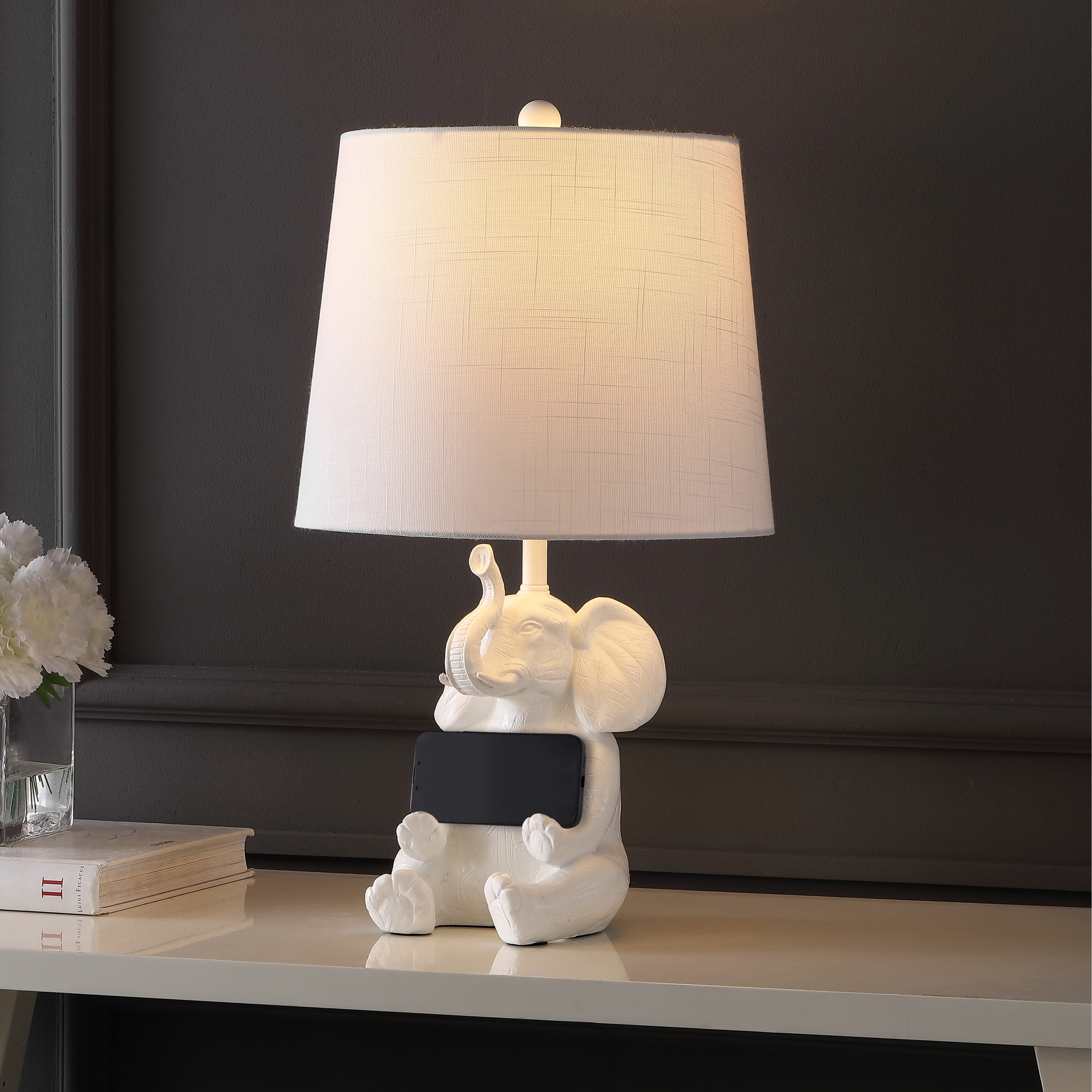 JONATHAN Y Laken 21" Modern Shabby Chic Resin/Iron Happy Elephant LED Kids' Table Lamp with Phone Stand